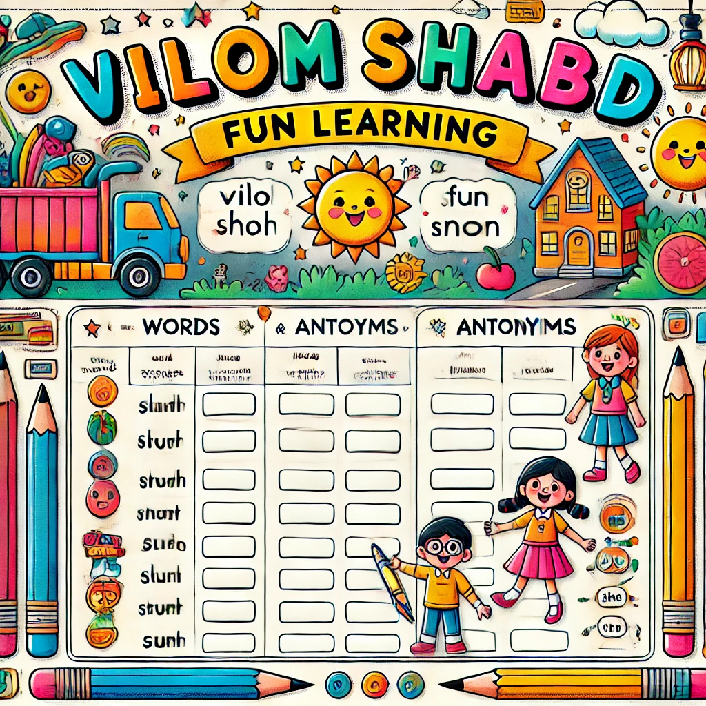 DALL·E 2024 10 14 18.17.14 A colorful and engaging worksheet designed for Class 3 students titled Vilom Shabd Worksheet Fun Learning. The worksheet should have a playful desi Vilom Shabd Worksheet for Class 3: Fun Learning